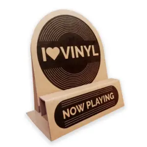 Pahviteline vinyylilevyille "now playing"